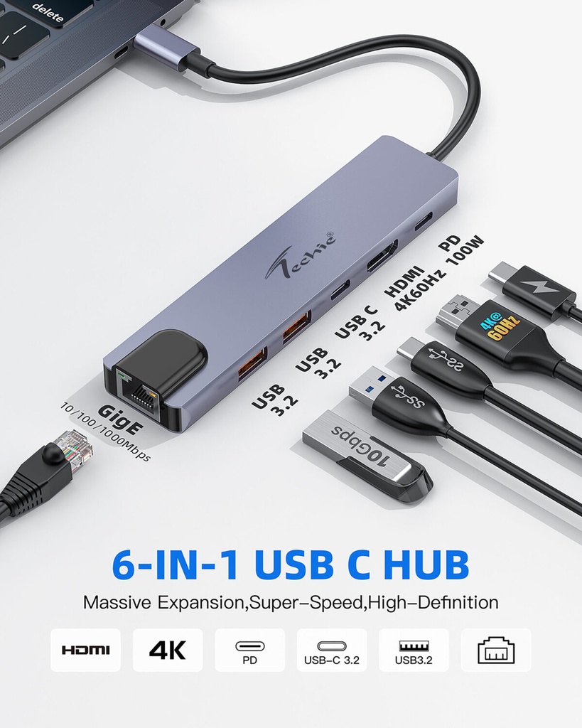 Convertor Techie Type C to HDMI/GL/U3.2/Type C 6 in1 HUBTC9